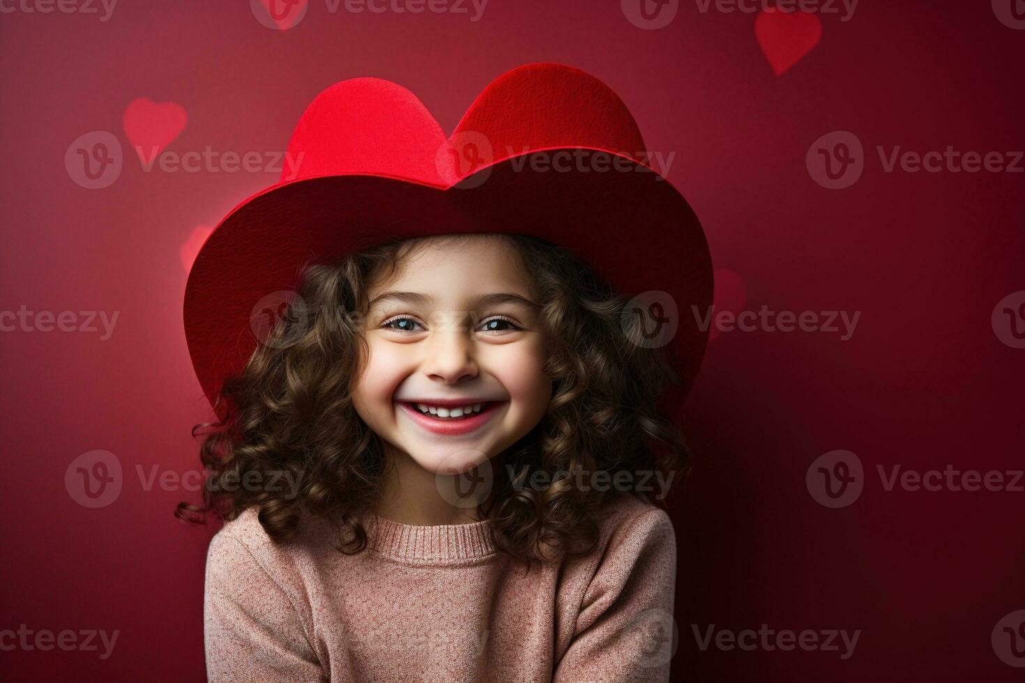 AI generated Portrait of a cute little girl with red heart on Valentines day concept. photo