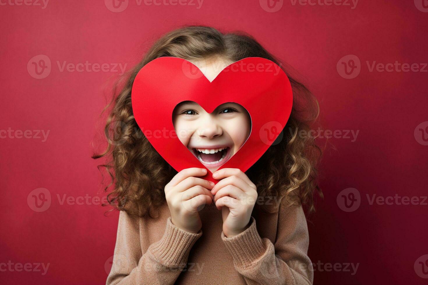 AI generated Portrait of a cute little girl with red heart on Valentines day concept. photo