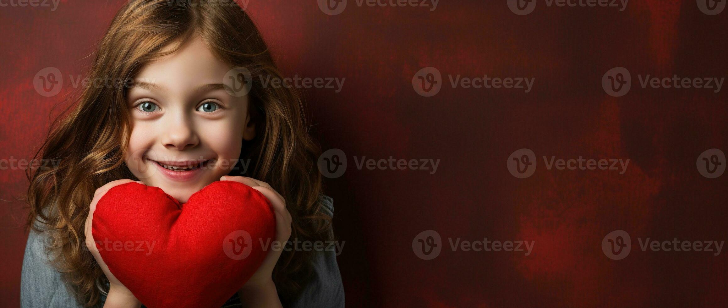 AI generated Portrait of a cute little girl with red heart on Valentines day concept. photo