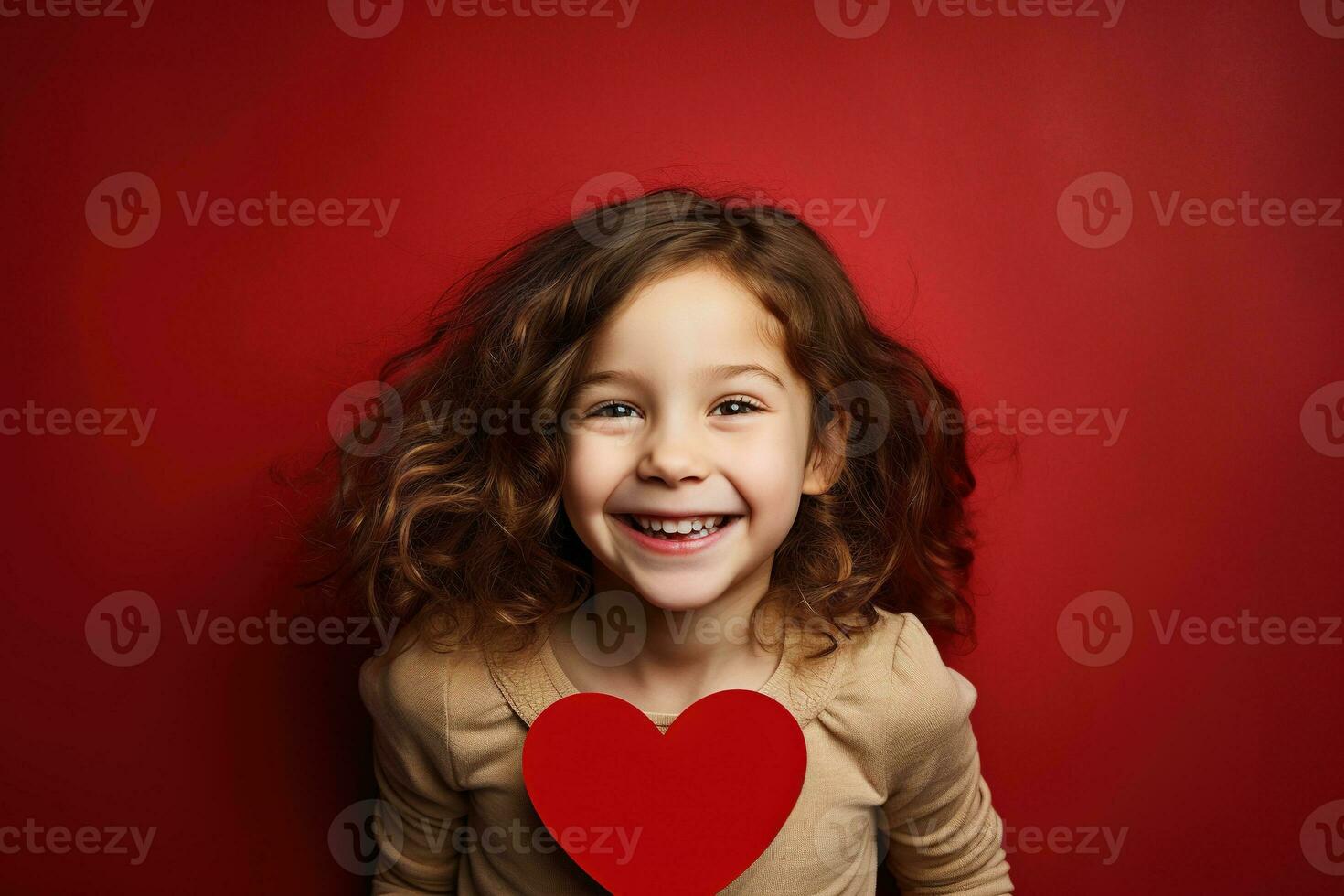 AI generated Portrait of a cute little girl with red heart on Valentines day concept. photo