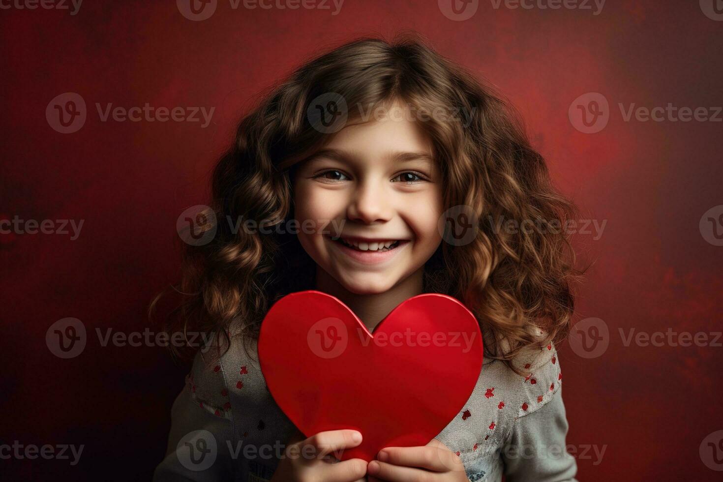 AI generated Portrait of a cute little girl with red heart on Valentines day concept. photo