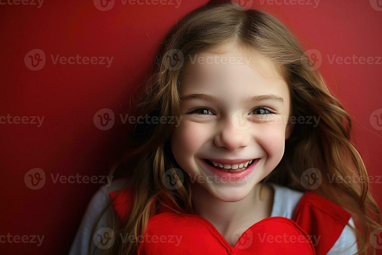 AI generated Portrait of a cute little girl with red heart on Valentines day concept. photo