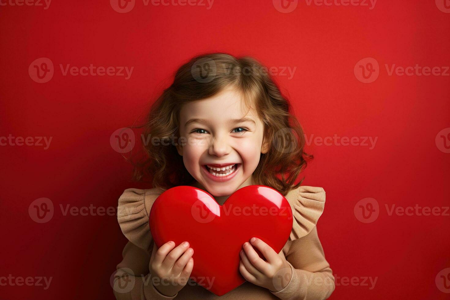 AI generated Portrait of a cute little girl with red heart on Valentines day concept. photo