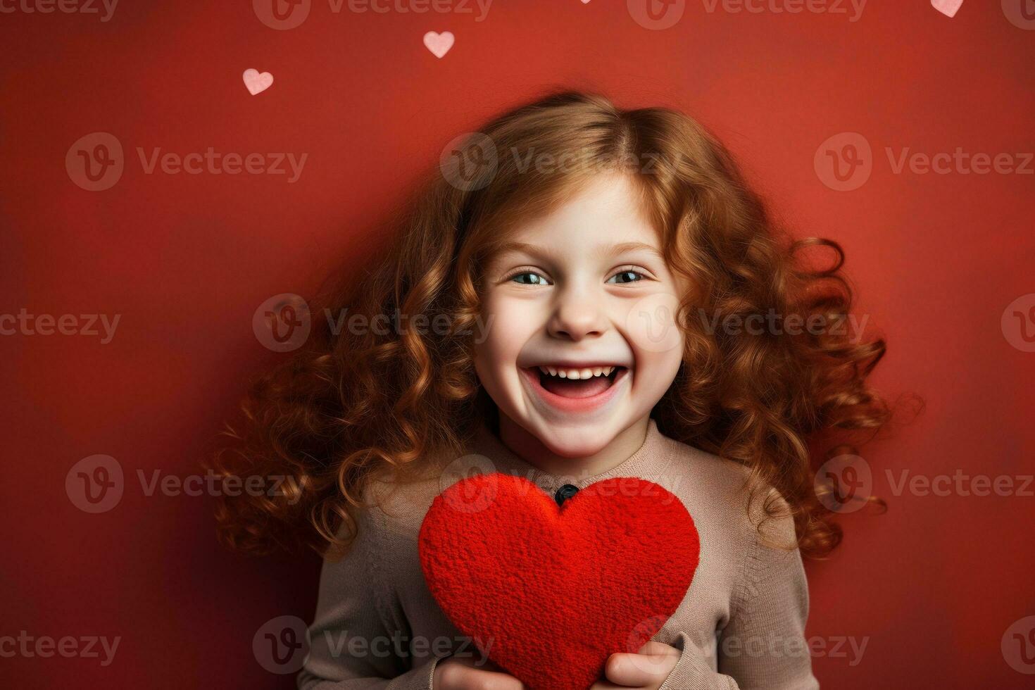 AI generated Portrait of a cute little girl with red heart on Valentines day concept. photo