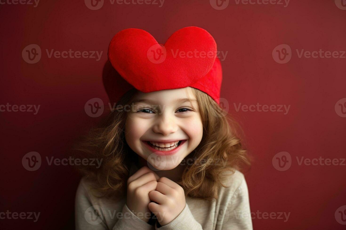 AI generated Portrait of a cute little girl with red heart on Valentines day concept. photo