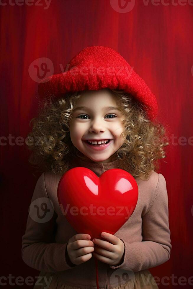 AI generated Portrait of a cute little girl with red heart on Valentines day concept. photo