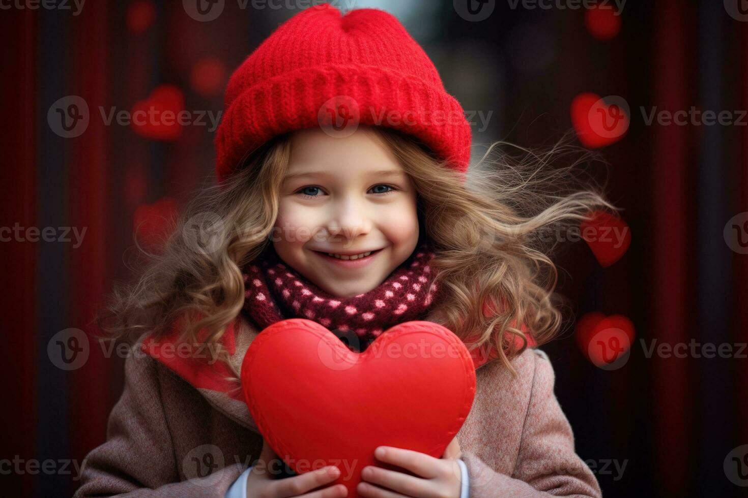 AI generated Portrait of a cute little girl with red heart on Valentines day concept. photo