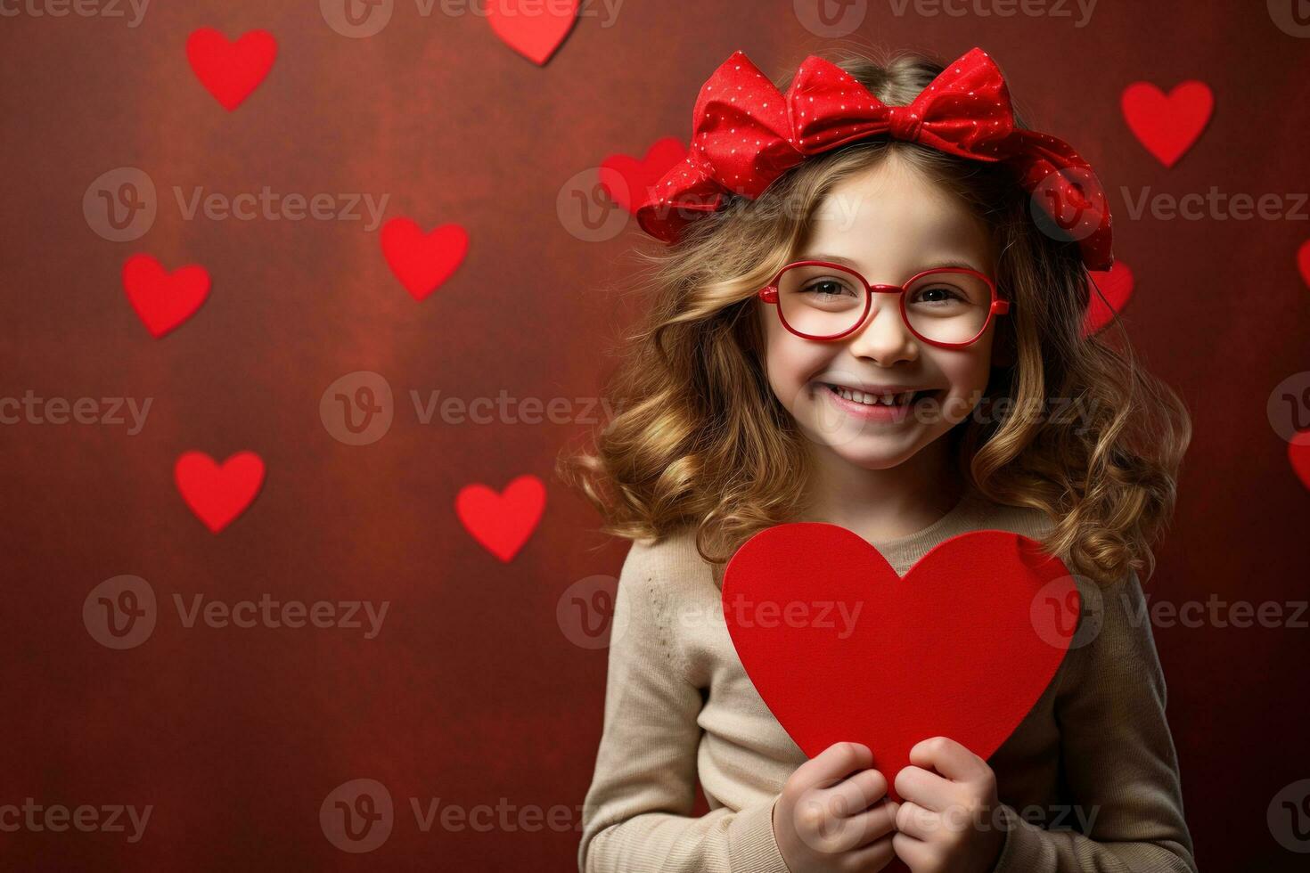 AI generated Portrait of a cute little girl with red heart on Valentines day concept. photo