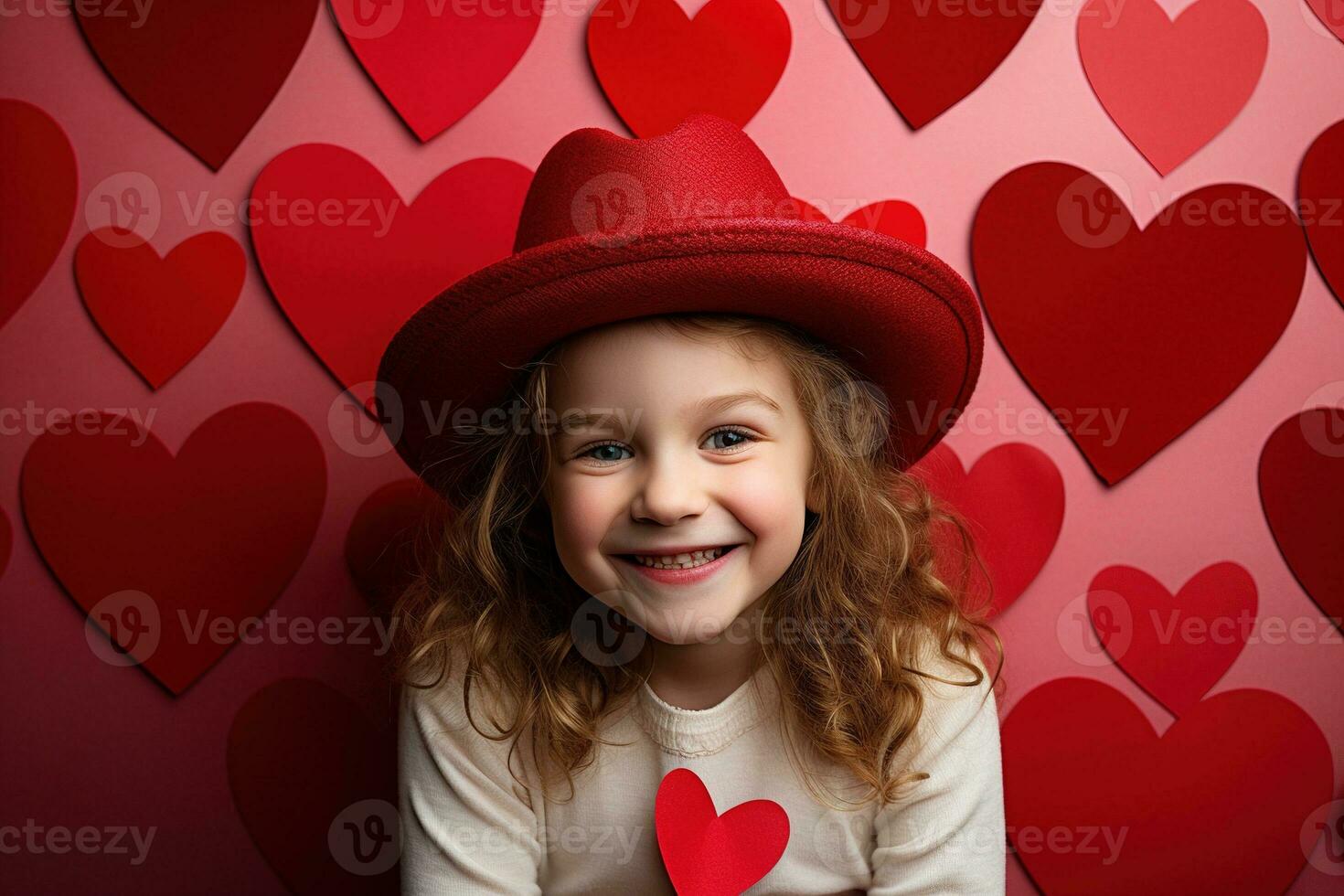 AI generated Portrait of a cute little girl with red heart on Valentines day concept. photo