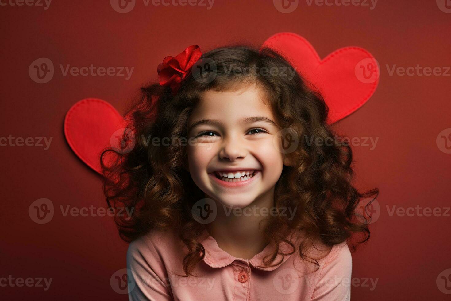 AI generated Portrait of a cute little girl with red heart on Valentines day concept. photo