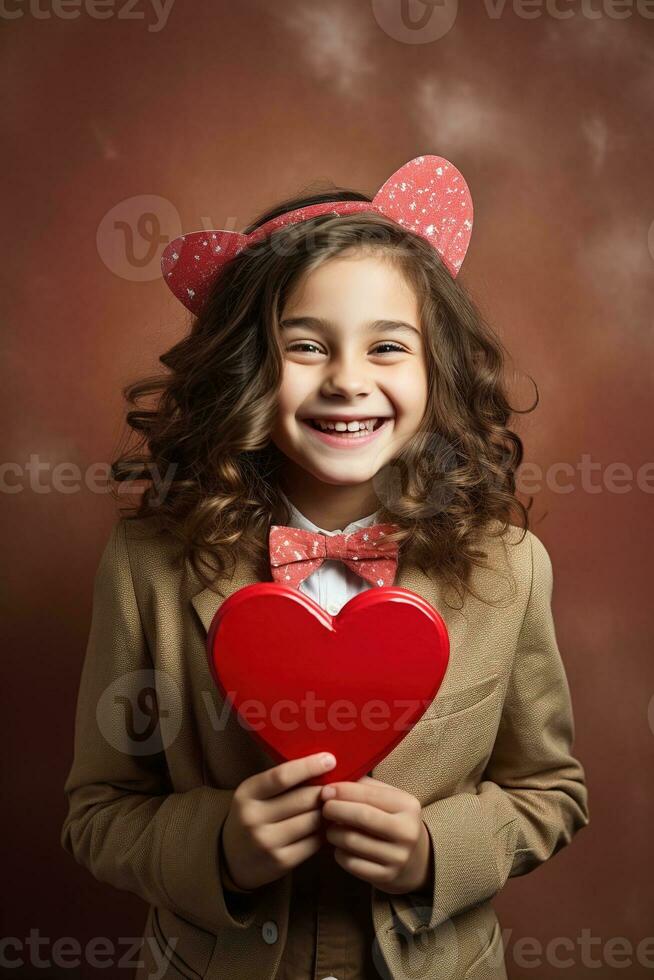 AI generated Portrait of a cute little girl with red heart on Valentines day concept. photo