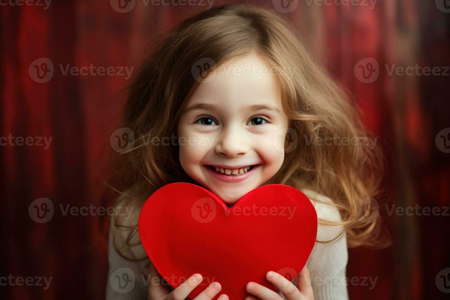 ai generado retrato de un linda pequeño niña con rojo corazón en san valentin día concepto. foto