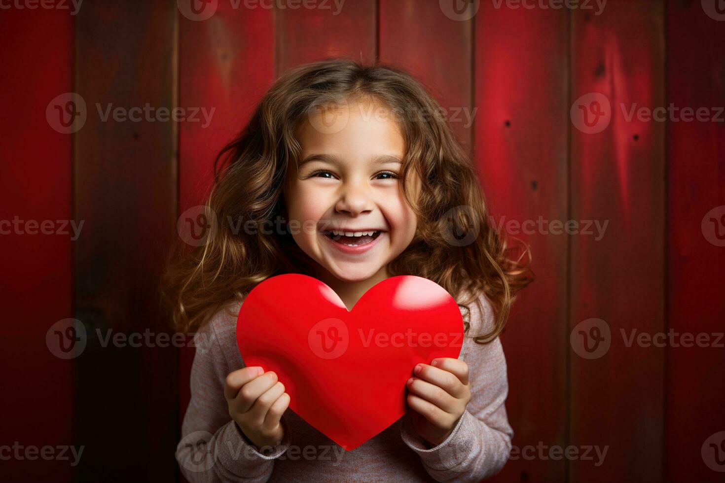 AI generated Portrait of a cute little girl with red heart on Valentines day concept. photo