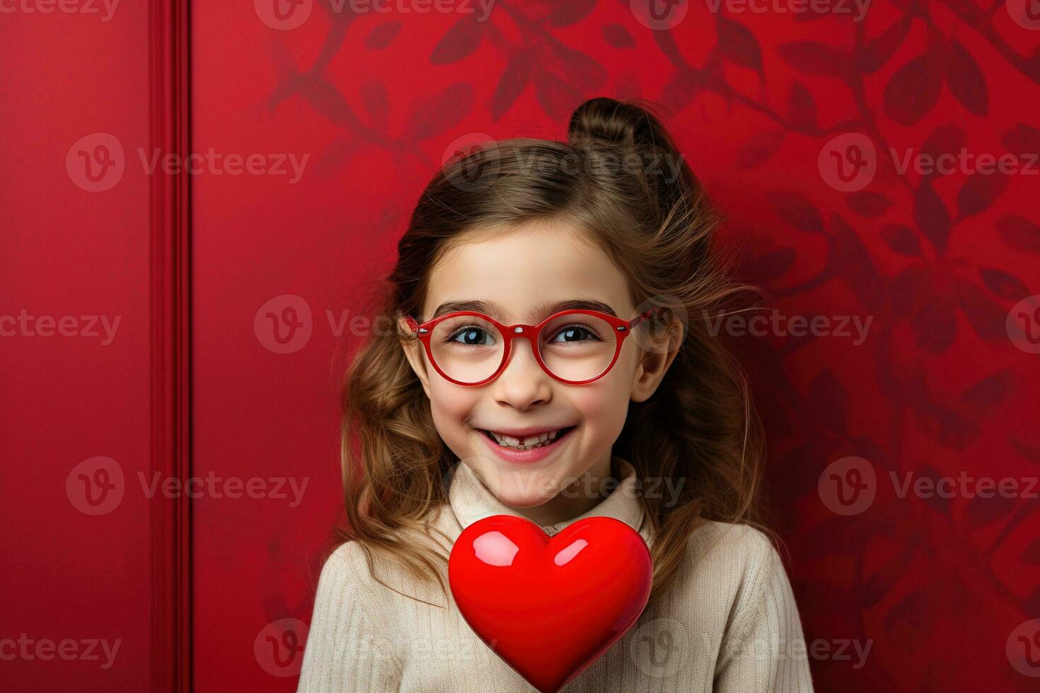 AI generated Portrait of a cute little girl with red heart on Valentines day concept. photo