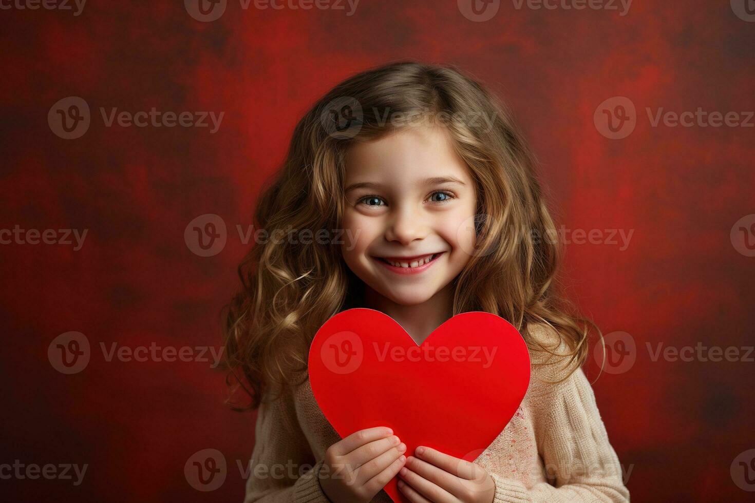 AI generated Portrait of a cute little girl with red heart on Valentines day concept. photo