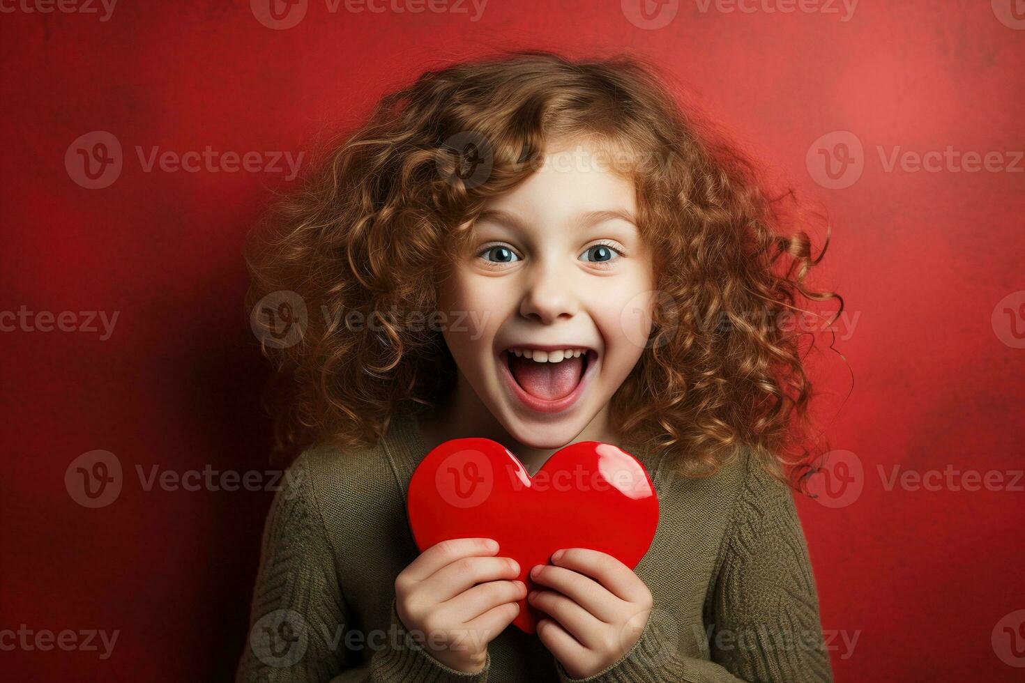 AI generated Portrait of a cute little girl with red heart on Valentines day concept. photo
