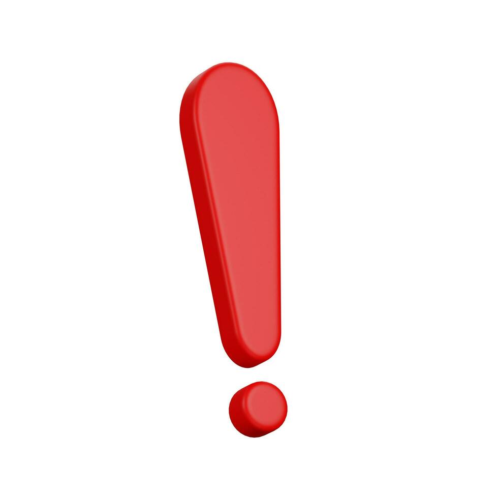 red Realistic exclamation mark, caution icon,  front view is slightly tilted to the side, 3d rendering, illustration. photo