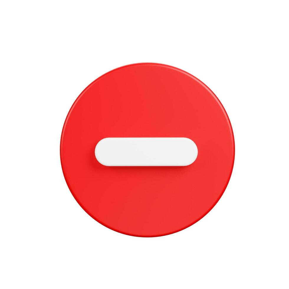 white arithmetic minus sign on red button circle shape, Math 3D icon, on white background, 3d rendering, illustration photo