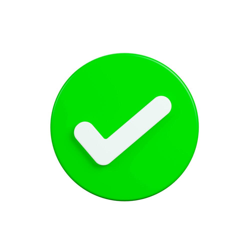 Realistic green checkmark button, symbol sign, Suitable for applications, cartography, GPS navigation, announcement banner, websites, front view, 3d rendering, illustration. photo