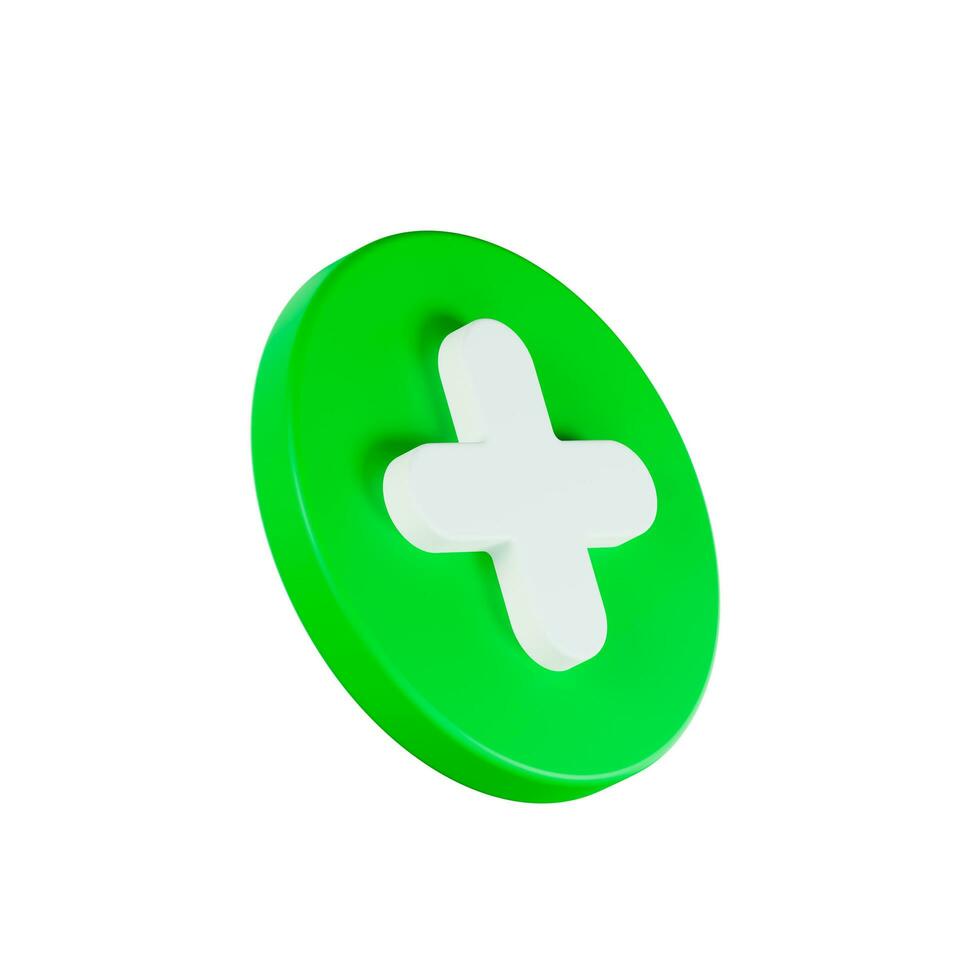 plus sign, medical cross-round green circle button with plus on the white background. Health care. Medical symbol of emergency help. 3d rendering,  Illustration. photo