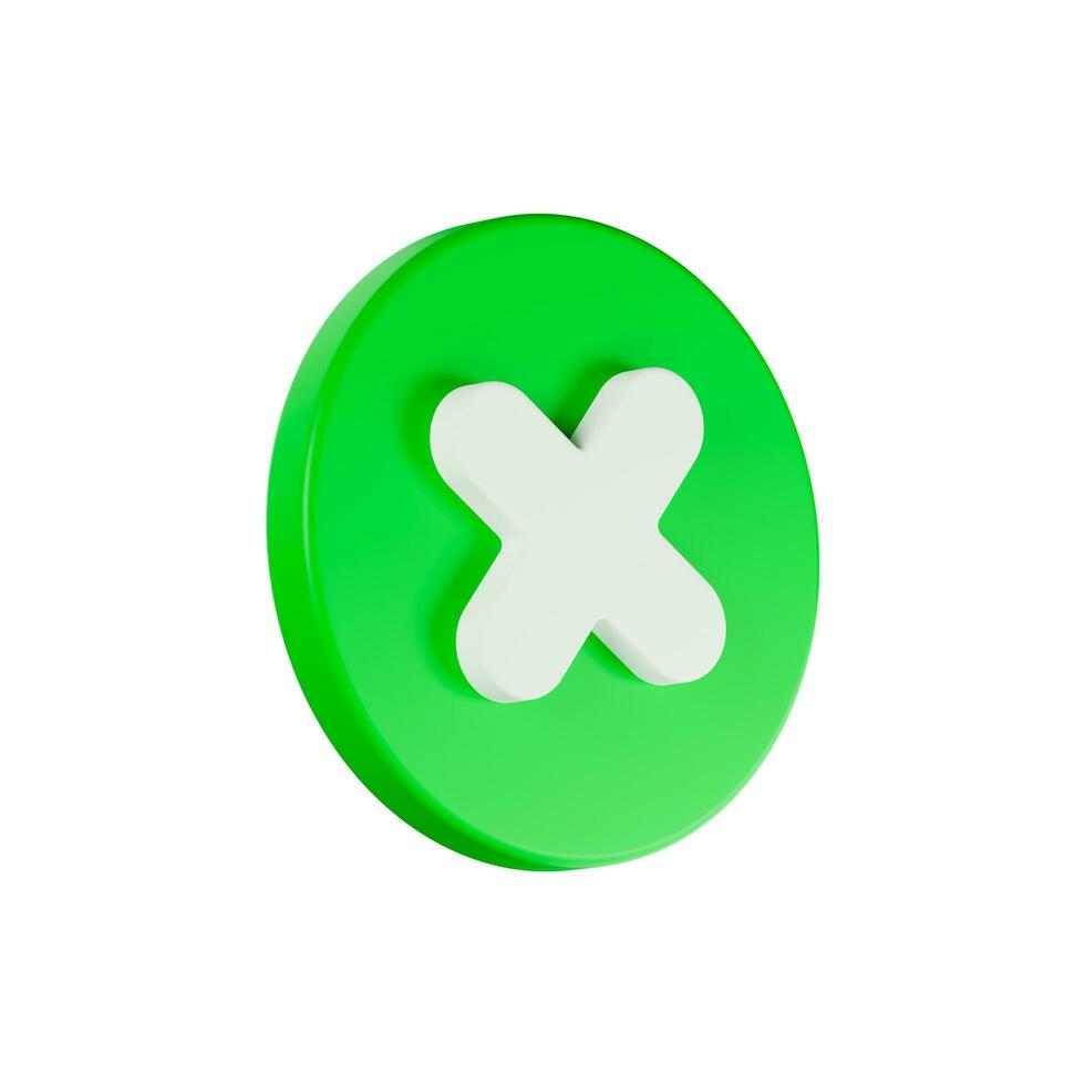 blanco cruzar firmar o multiplicación firmar icono en verde botón circulo forma, en blanco fondo, 3d representación, ilustración foto