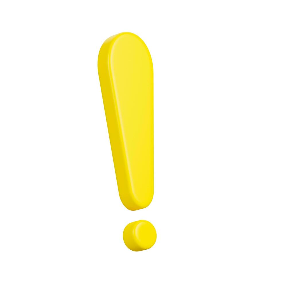 Yellow Realistic exclamation mark, caution icon,  front view is slightly tilted to the side, 3d rendering, illustration. photo