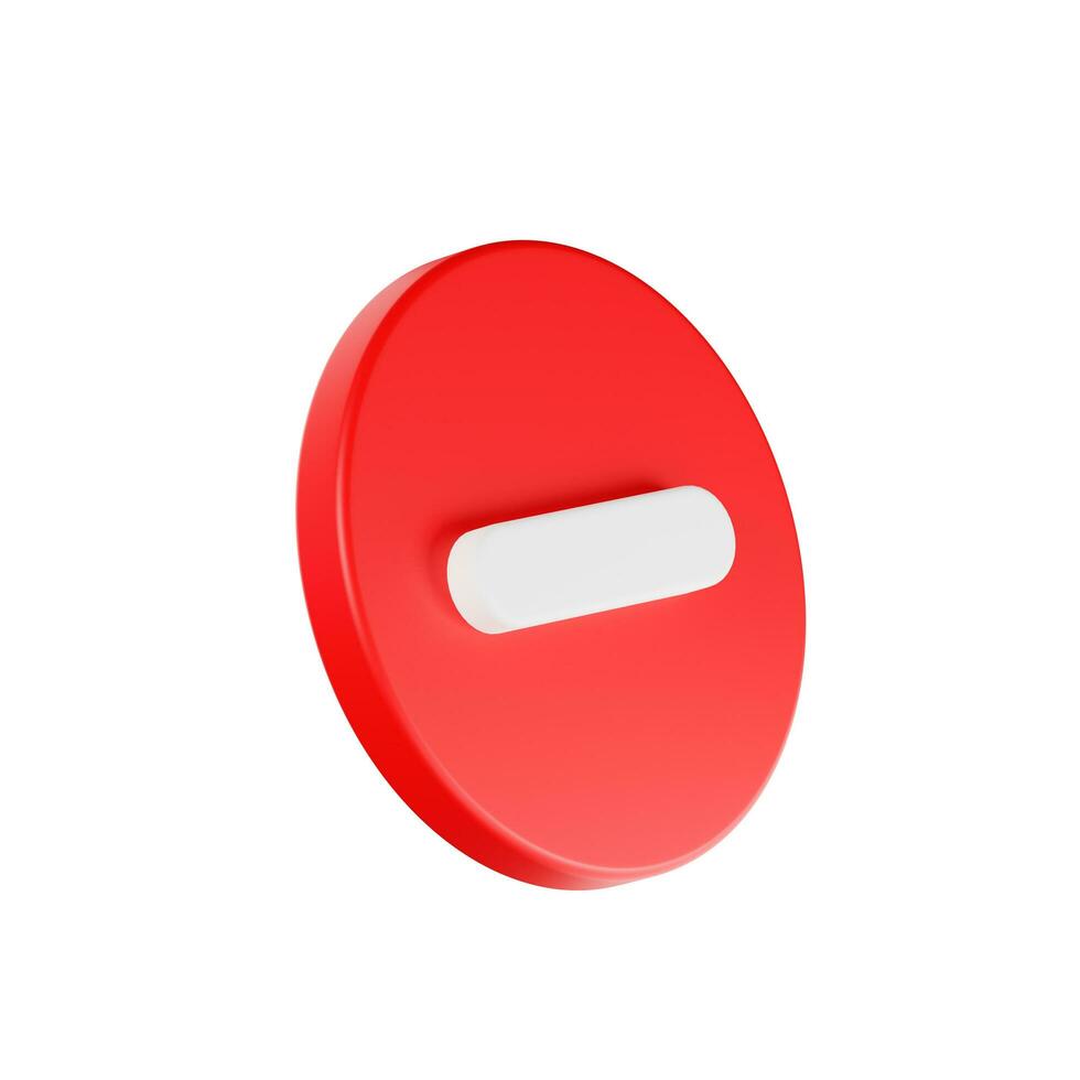 white arithmetic minus sign on red button circle shape, Math 3D icon, on white background, 3d rendering, illustration photo