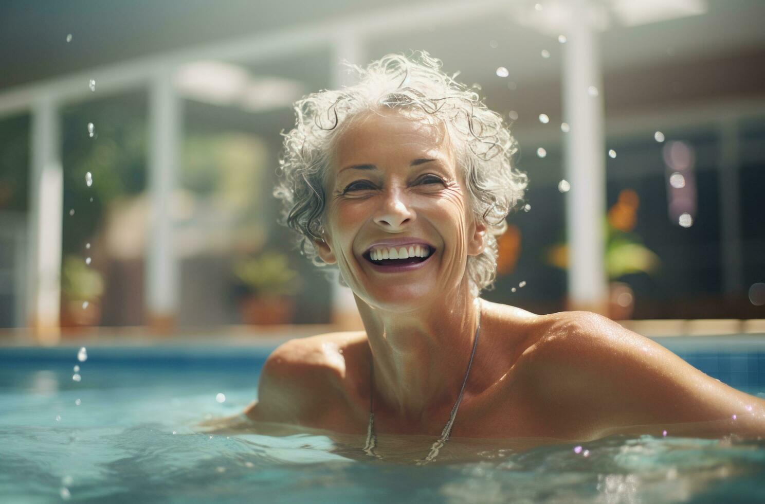 AI generated woman laughing while swimming in an indoor pool photo