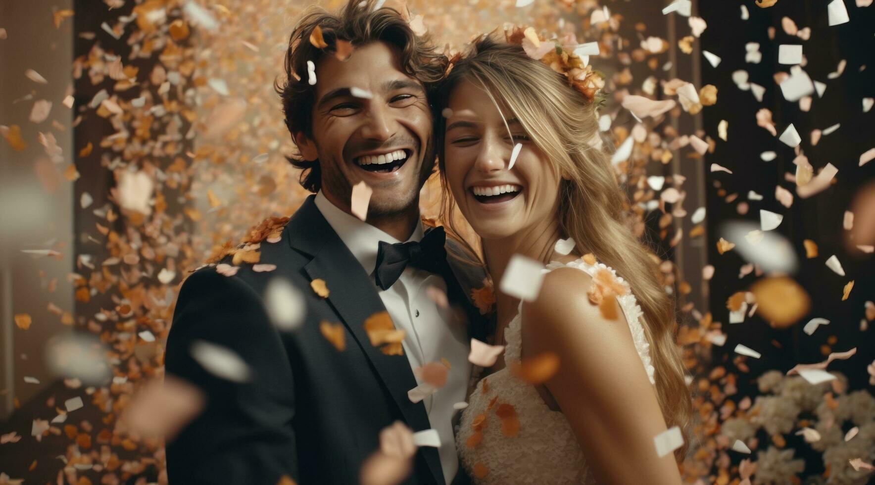 AI generated wedding couple in front of the confetti falling on their heads photo