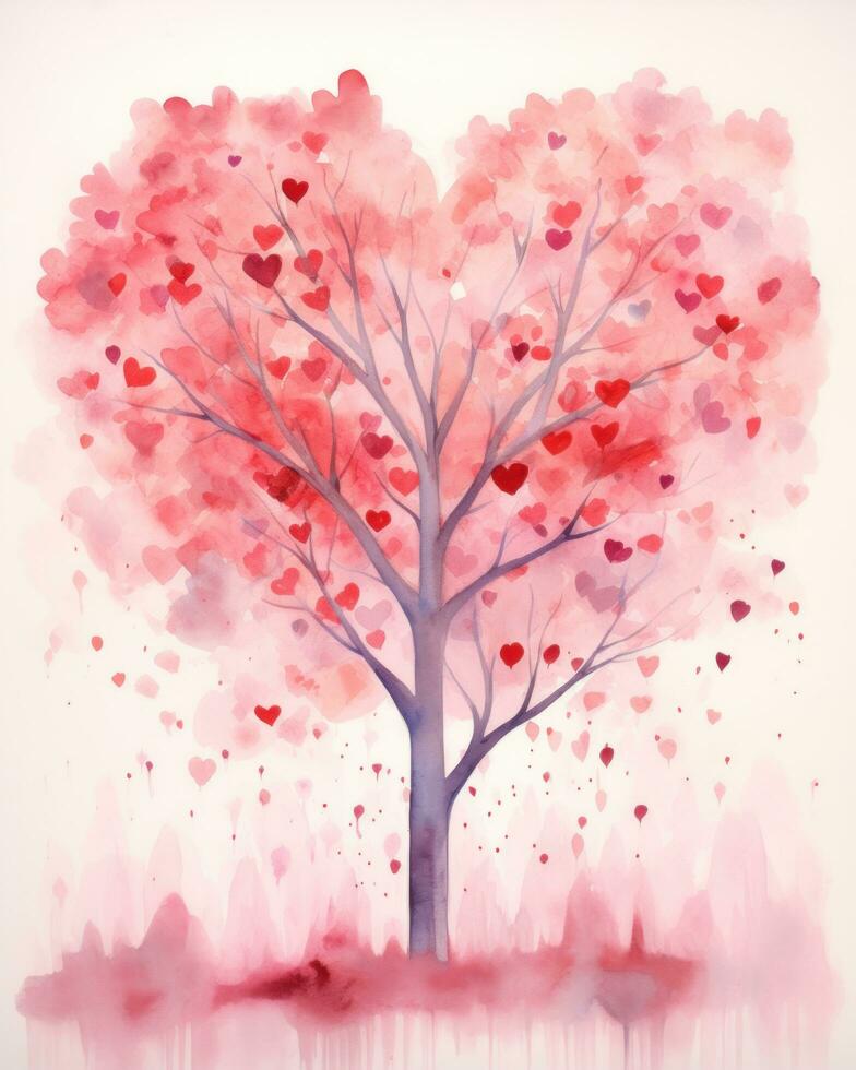 ai generado acuarela pintura de un árbol con muchos rojo flores, aislado foto