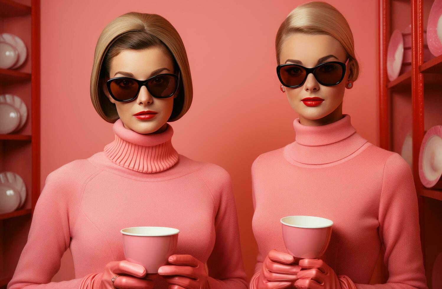 ai generado dos mujer vestido en rosado atuendo participación tazas de café foto