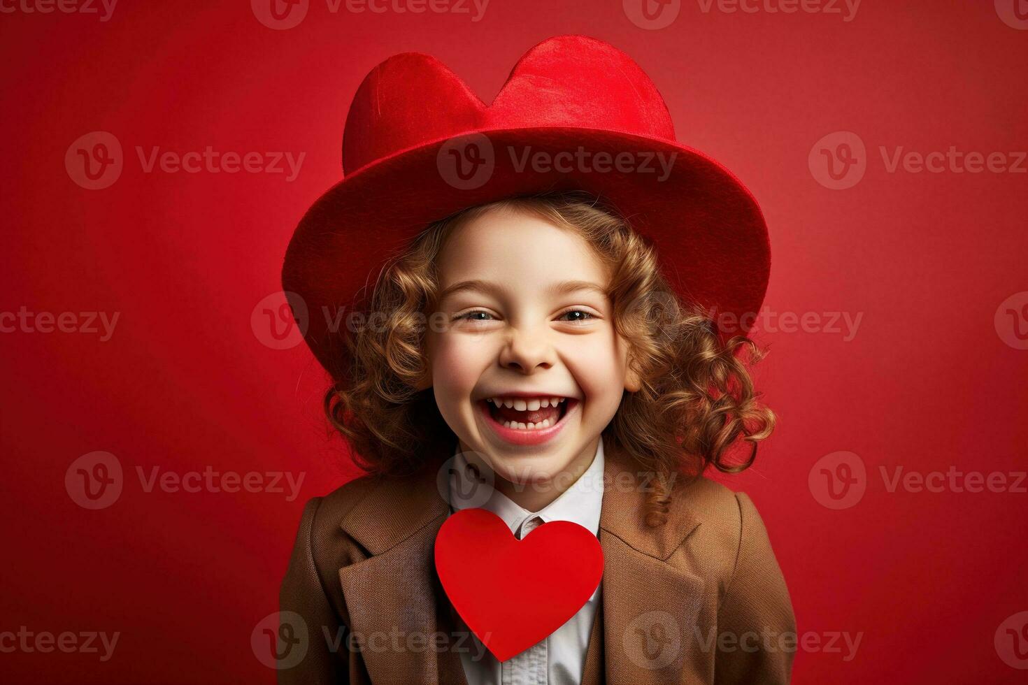 AI generated Portrait of a cute little girl with red heart on Valentines day concept. photo
