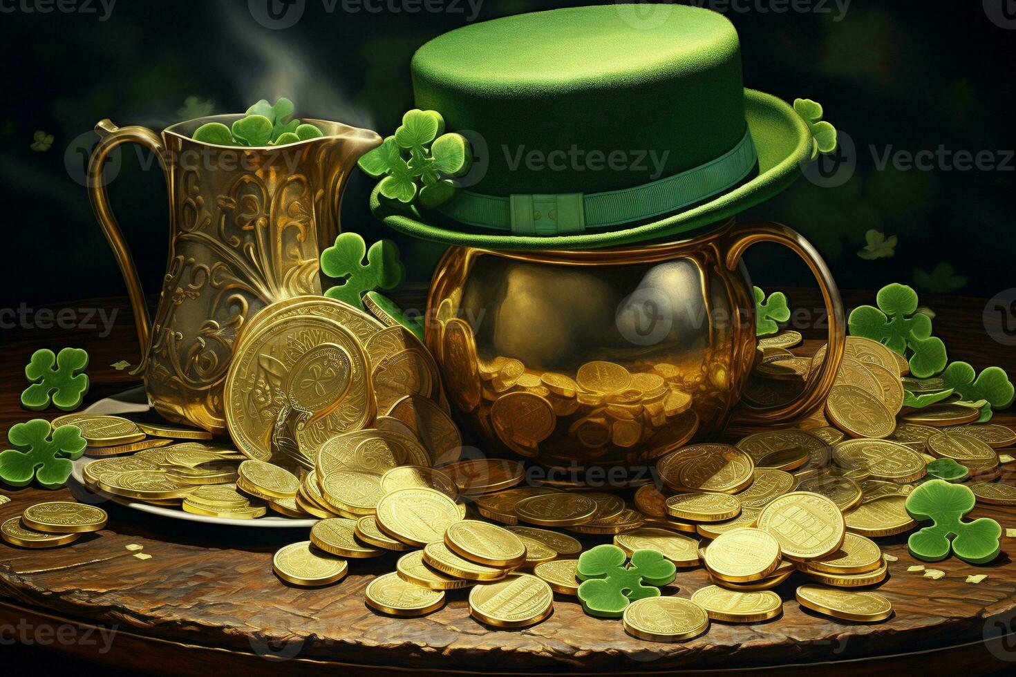 AI generated St. Patrick's Day background with leprechaun hat, coins and flowers photo