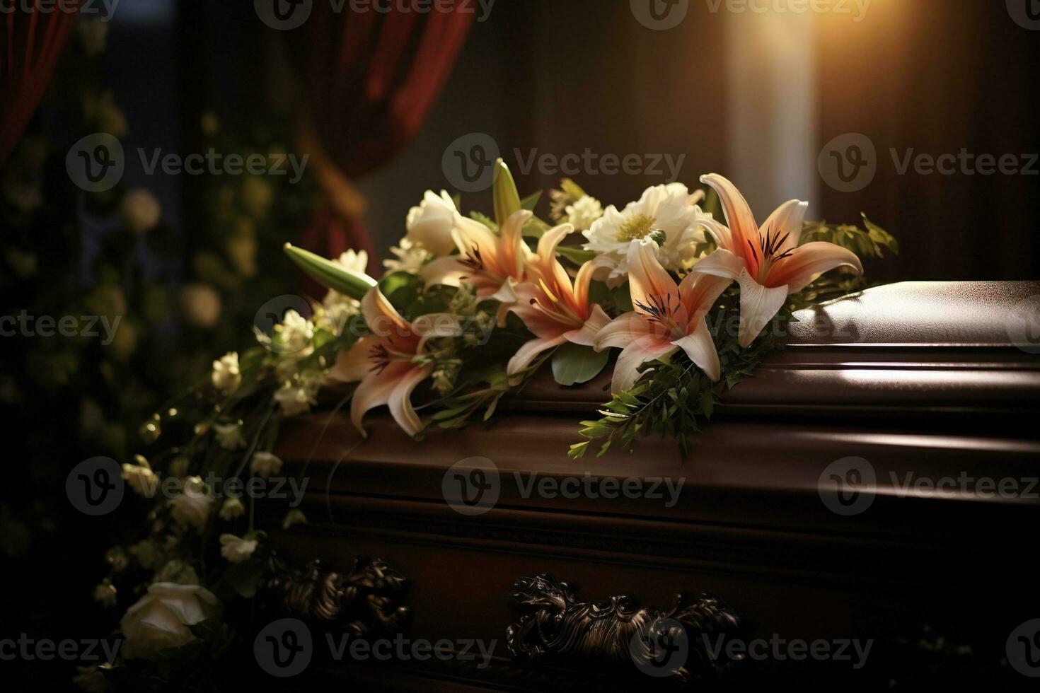 AI generated Funeral casket with flowers on dark background photo