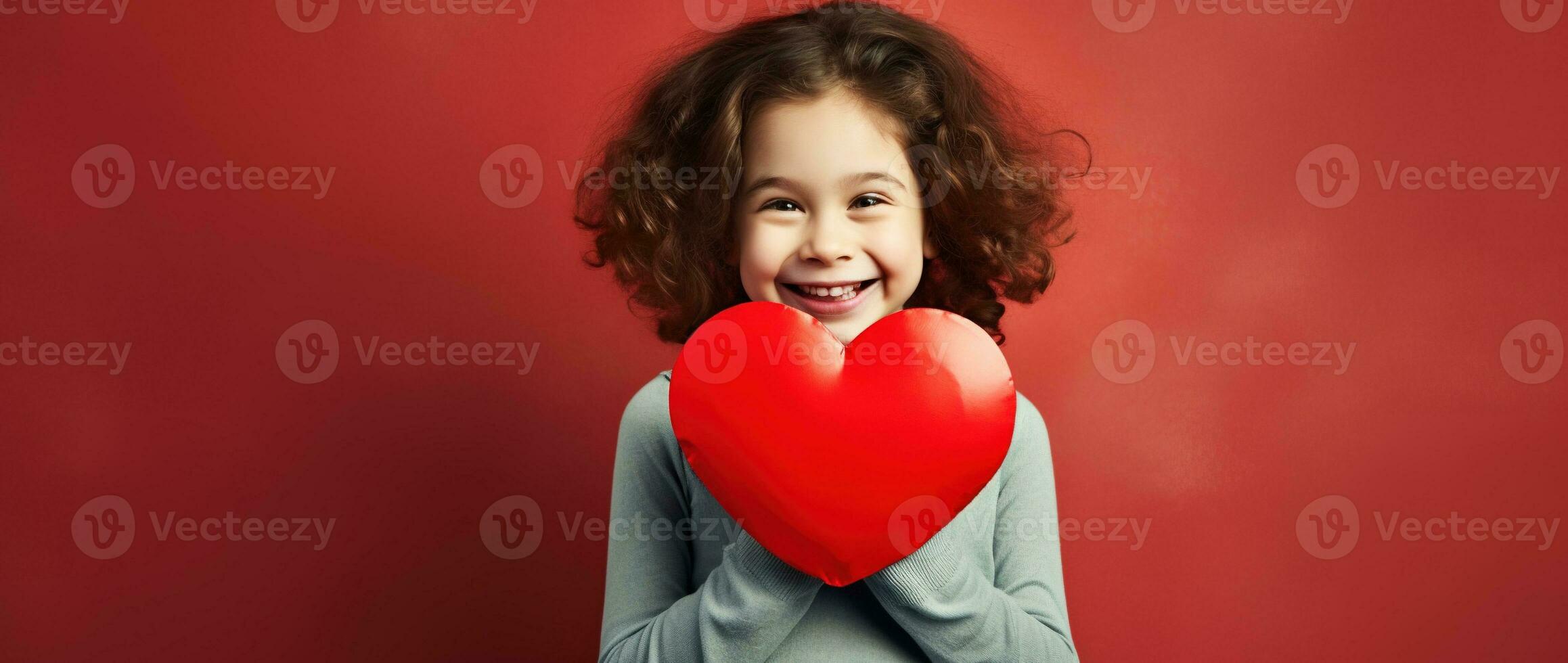 AI generated Portrait of a cute little girl with red heart on Valentines day concept. photo