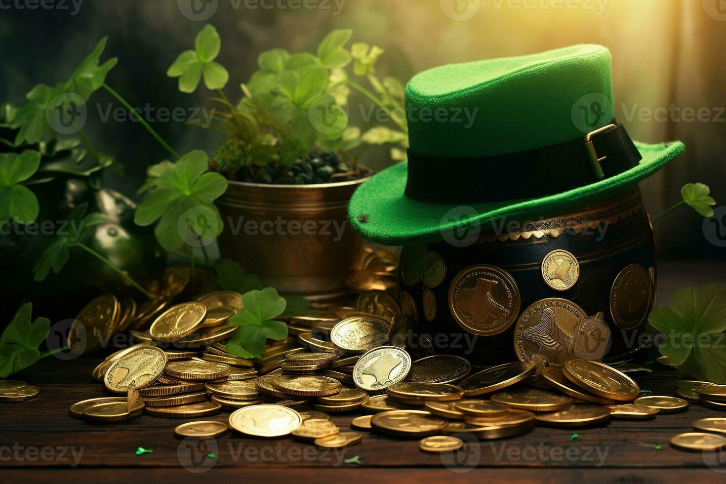 AI generated St. Patrick's Day background with leprechaun hat, coins and flowers photo