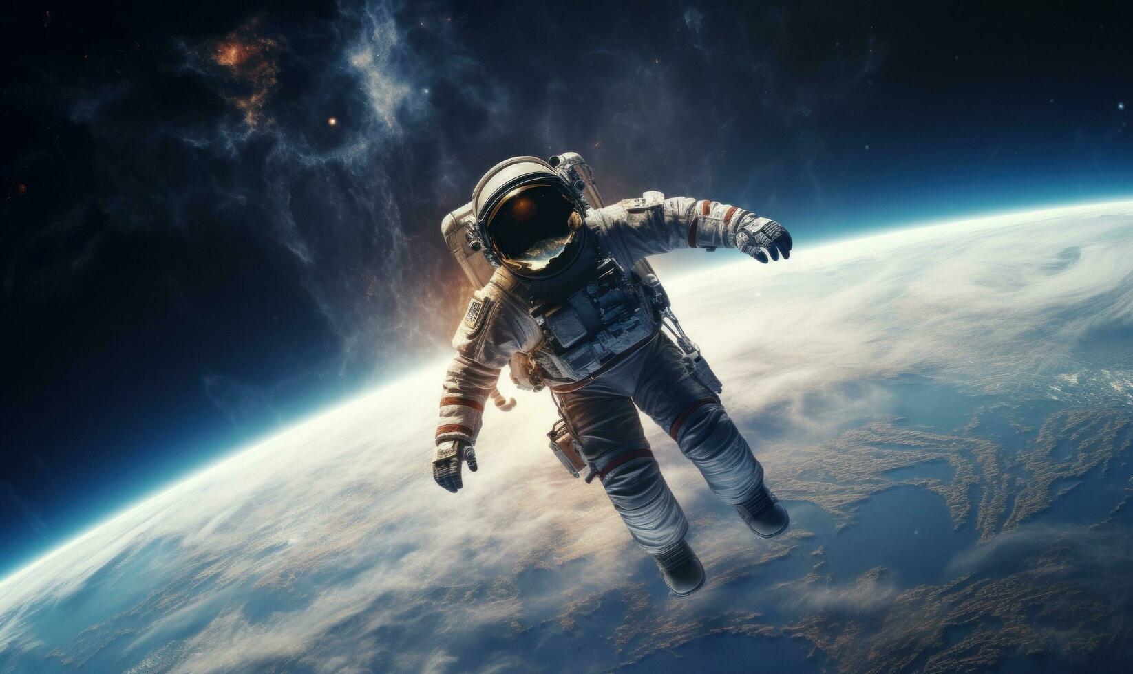 AI generated this image shows a man in space flying against the earth photo