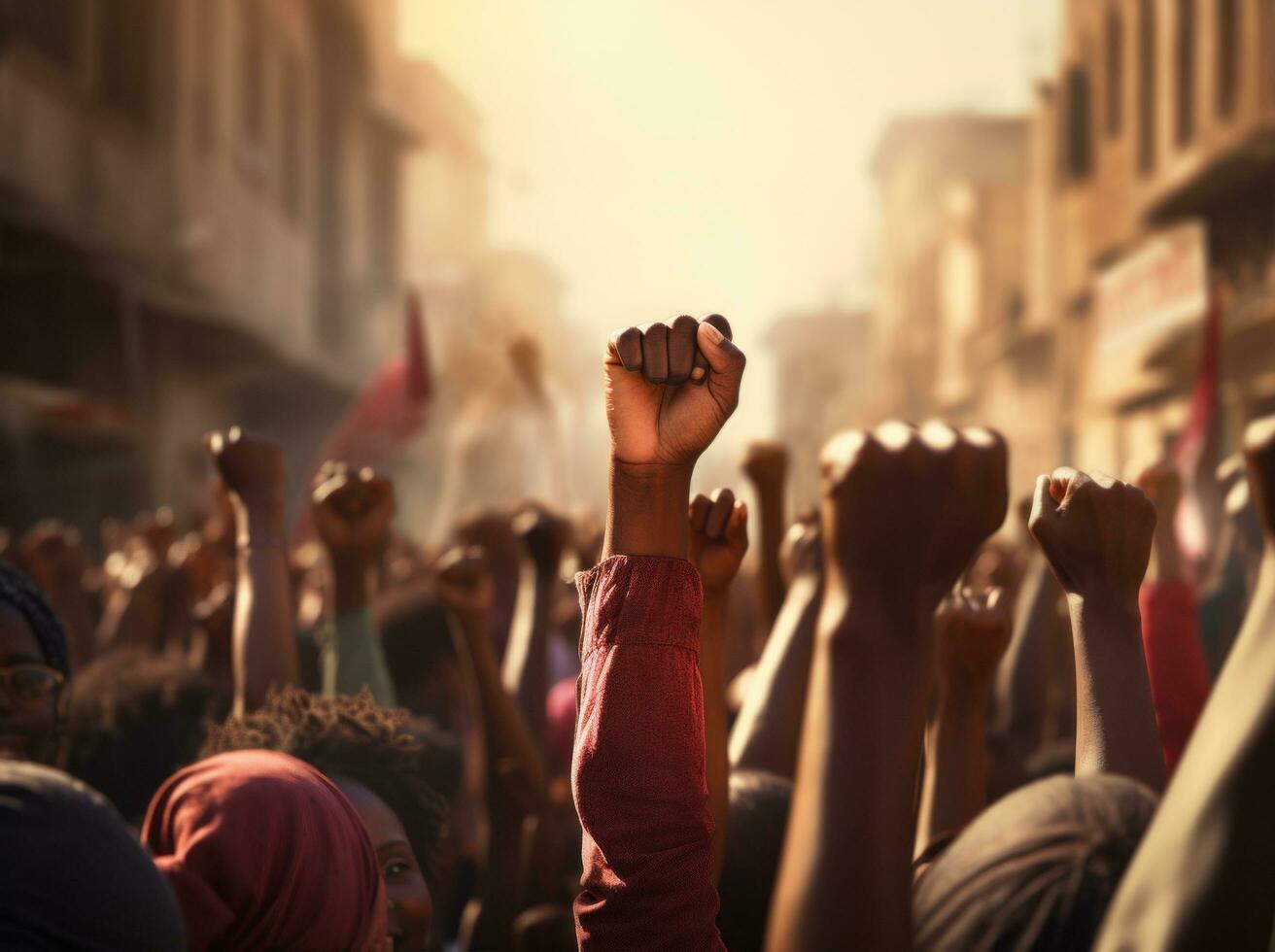 AI generated the protesters raise their fists during their demonstration photo