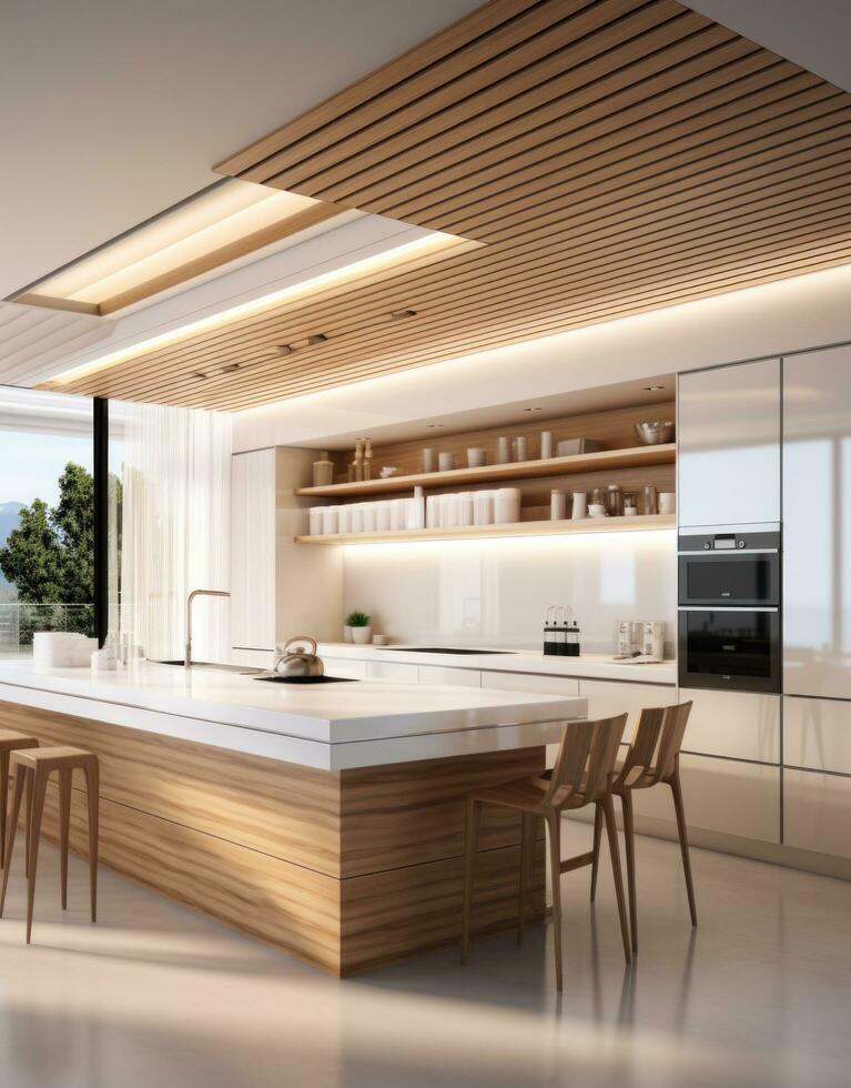 AI generated the white kitchen with wooden ceilings and white walls photo