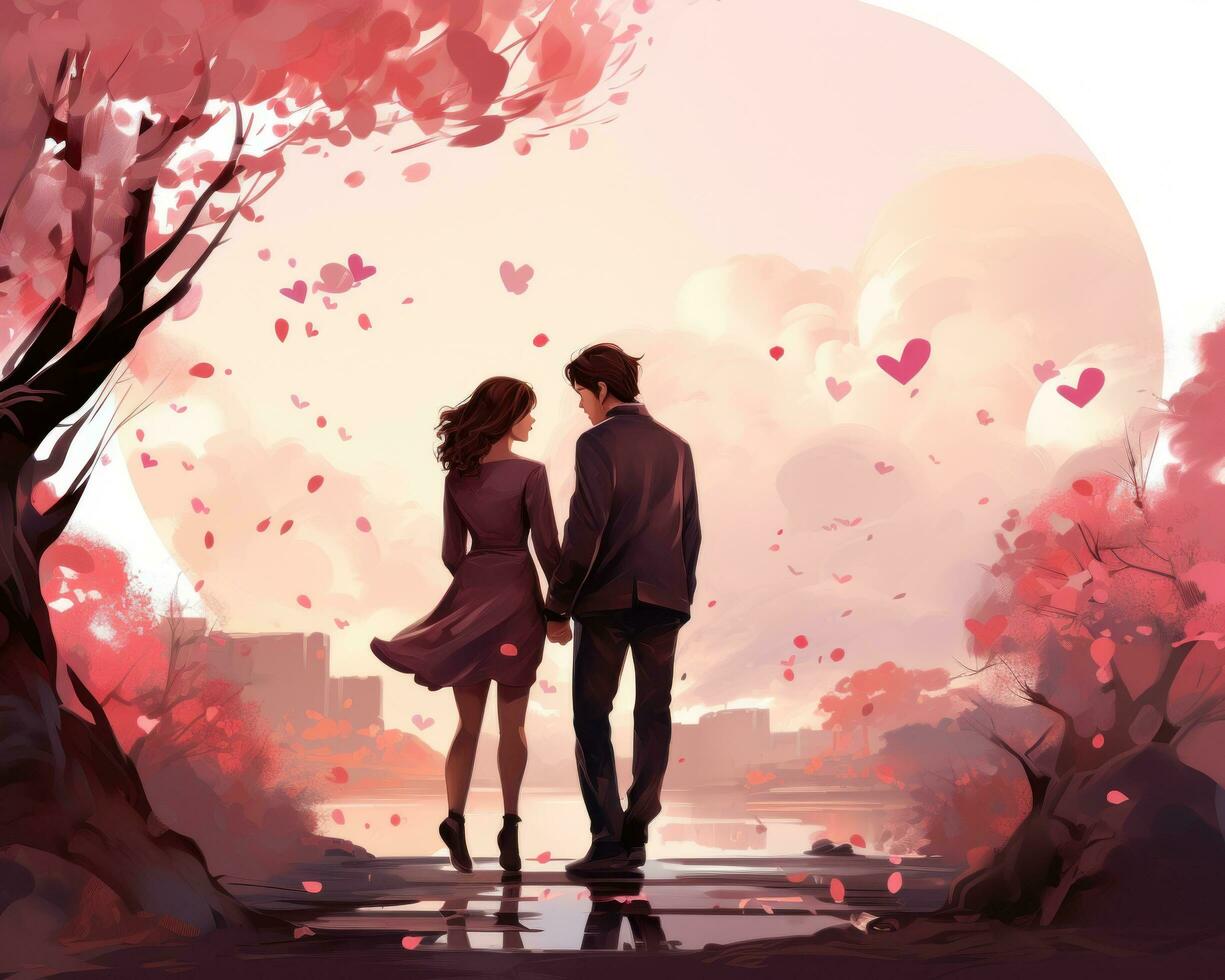 AI generated the young couple is kissing in front of a heart with red heart stickers photo