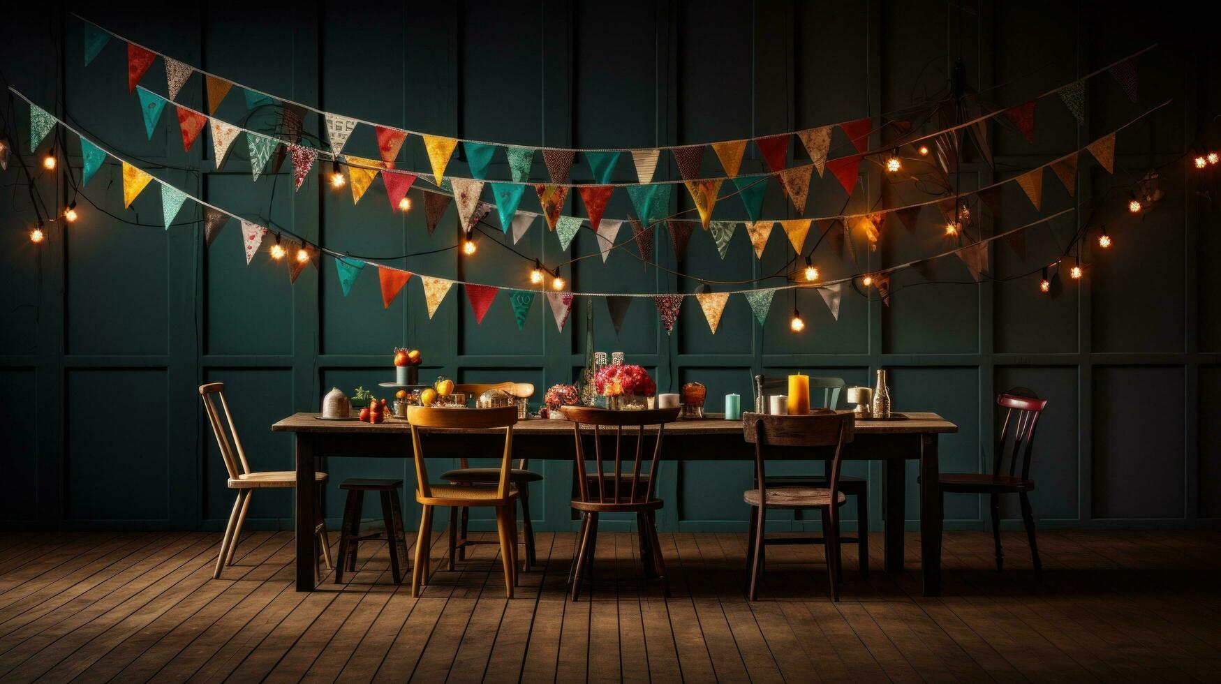 AI generated the floor of a wooden dining room with colourful bunting hanging over photo