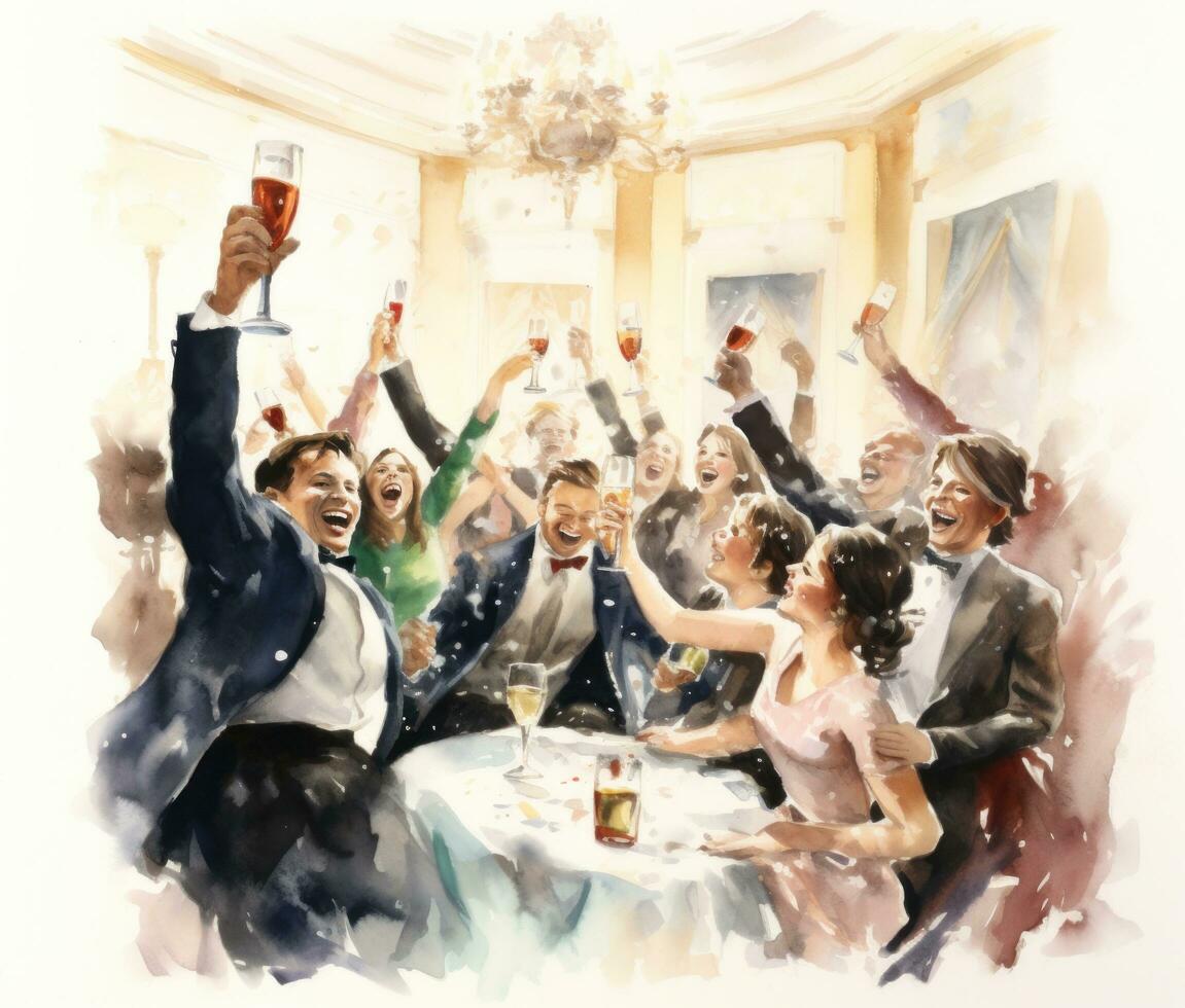 AI generated the art of saying happy new year from a group of people throwing champagne glasses photo