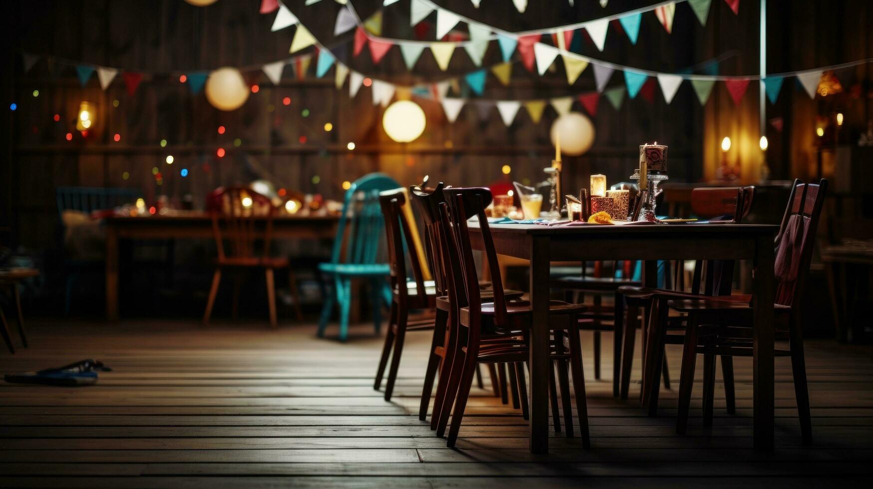 AI generated the floor of a wooden dining room with colourful bunting hanging over photo