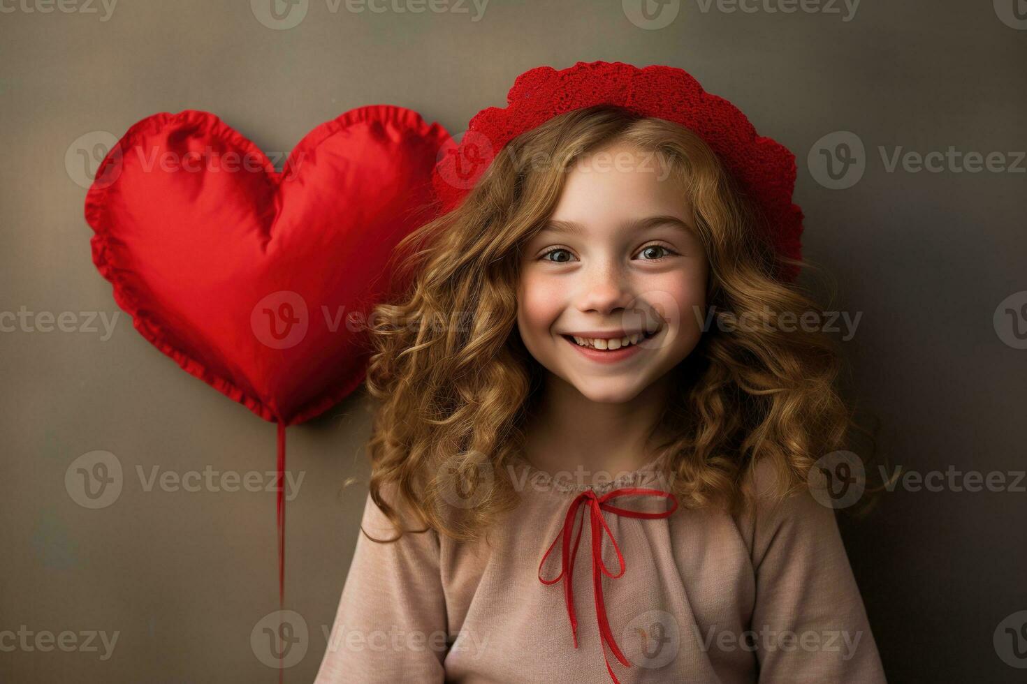 AI generated Portrait of a cute little girl with red heart on Valentines day concept. photo