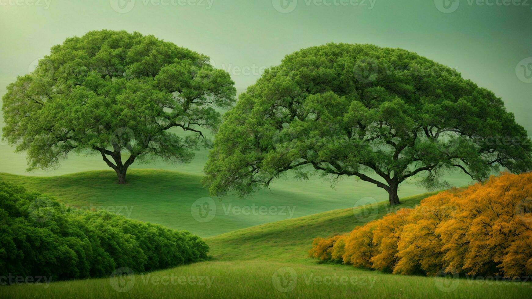 AI generated Analyze the impact of climate change on the absolute green tree nature background, considering its effects on both plant life and the migratory patterns of colorful birds. photo