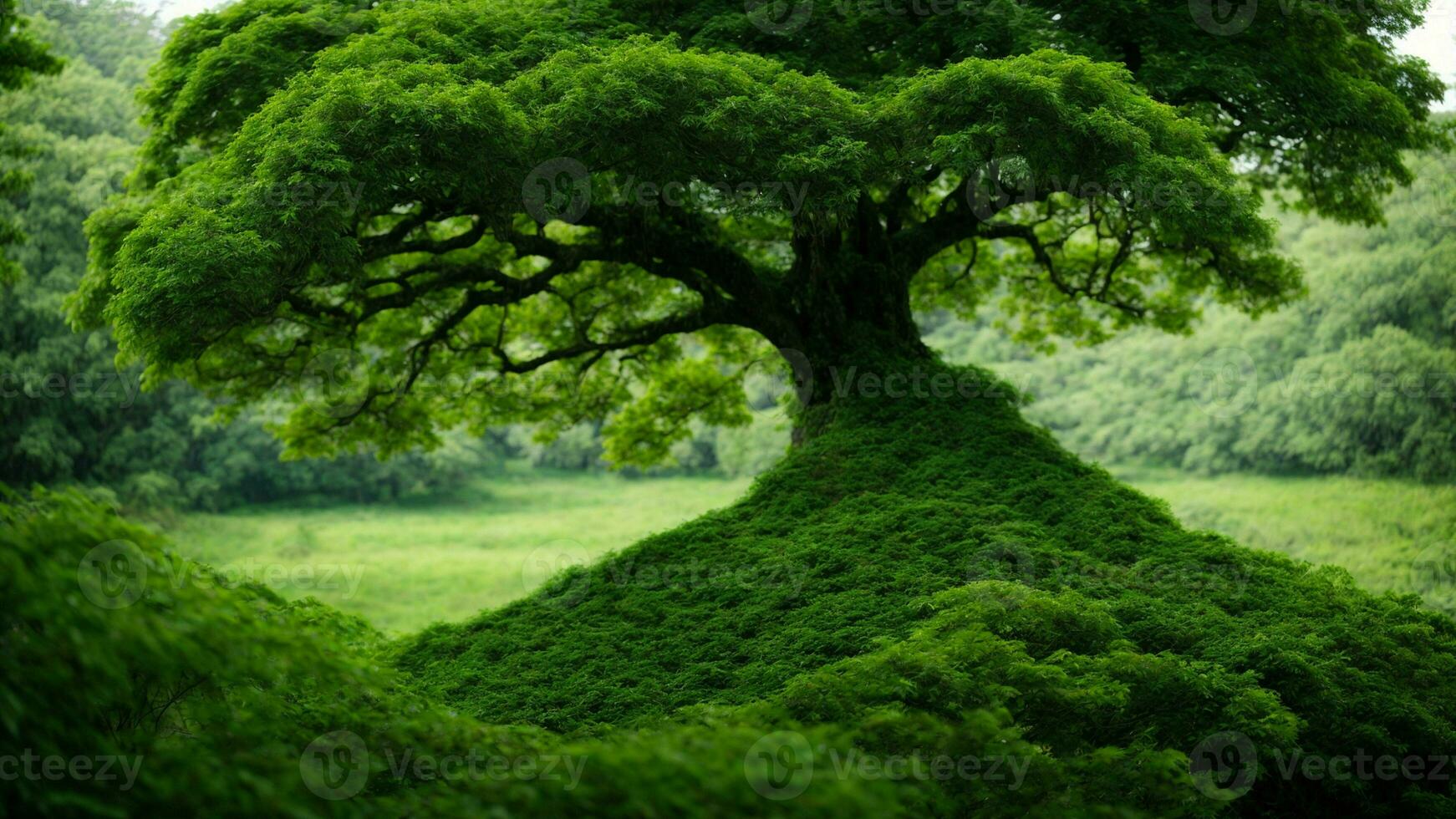 AI generated Analyze the impact of climate change on the absolute green tree nature background, considering its effects on both plant life and the migratory patterns of colorful birds. photo