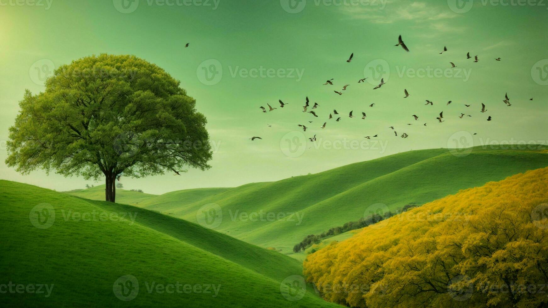 AI generated Analyze the impact of climate change on the absolute green tree nature background, considering its effects on both plant life and the migratory patterns of colorful birds. photo