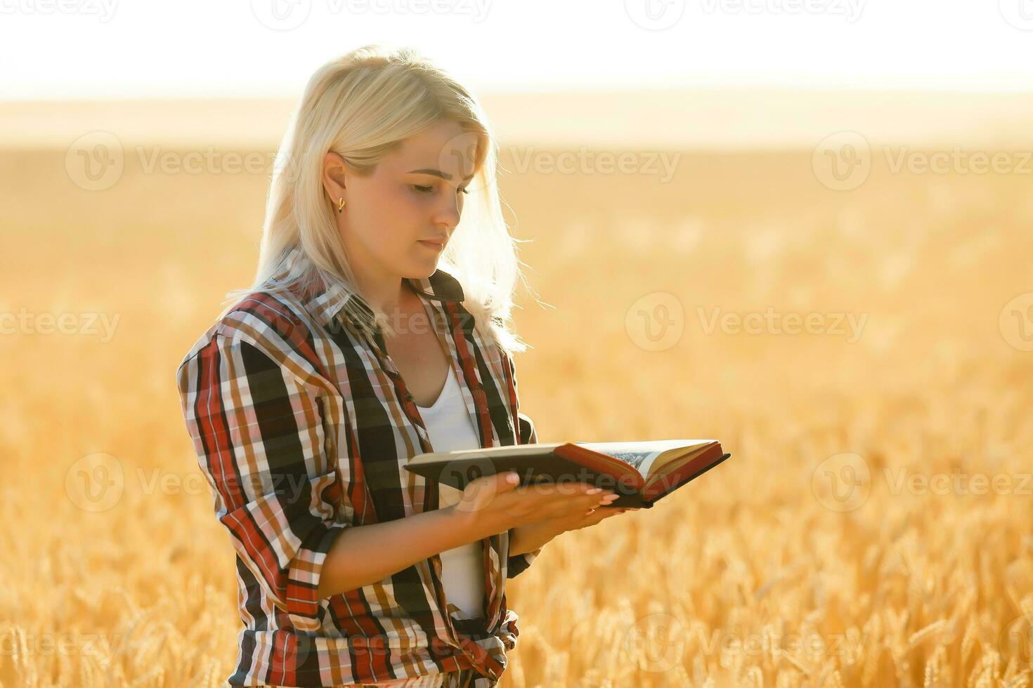 Christian woman praying on holy bible and wooden cross in barley field on summer. Woman pray for god blessing to wishing have a better life and believe in goodness. photo