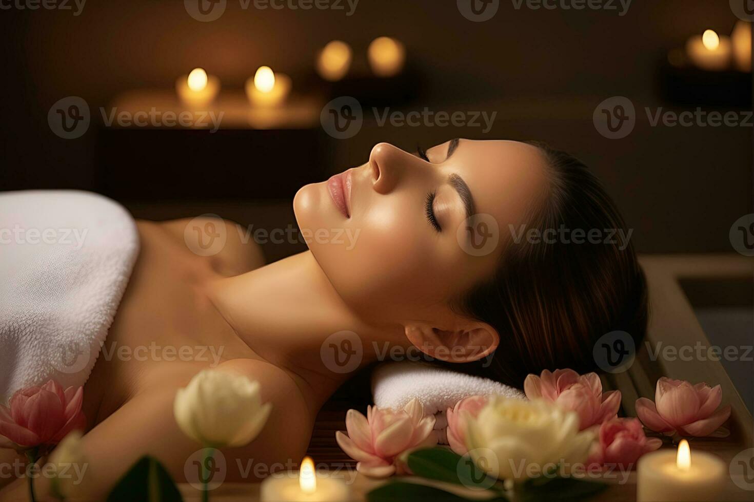 AI generated beautiful woman undergoing Therapy and bathing treatment in spa studio photo