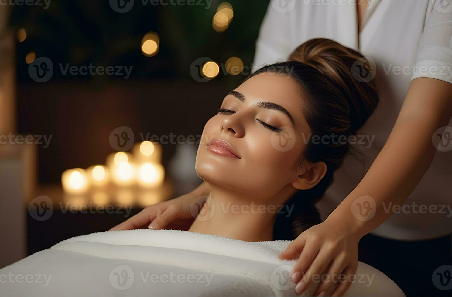 ai generado hermosa mujer pasando terapia y baños tratamiento en spa estudio foto